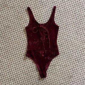 maroon crushed velvet lace up sleeveless bodysuit
